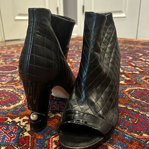 CHANEL Leather Peep-Toe Heeled Boots